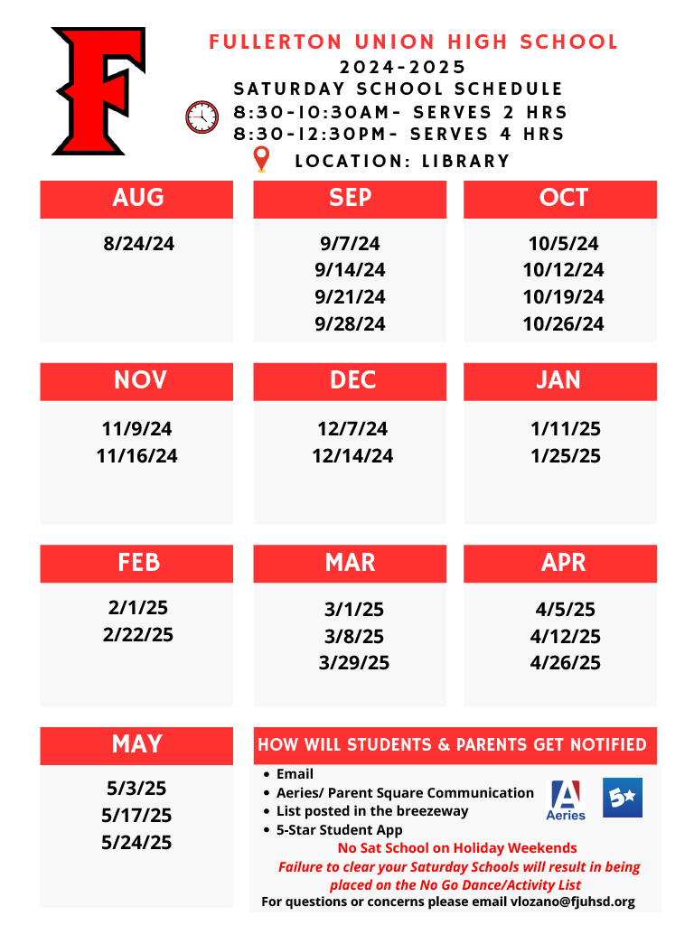 Saturday School Schedule